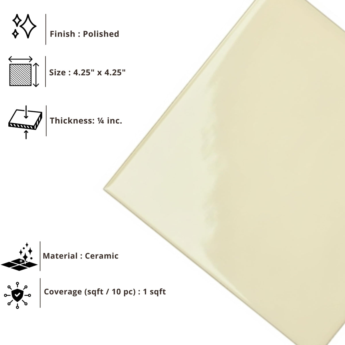 4.25x4.25 Inch Glossy Buttermilk Ceramic Wall Tile by - Box of 10 Pieces (1 Sq Ft) Backsplash, Bathroom, Shower &