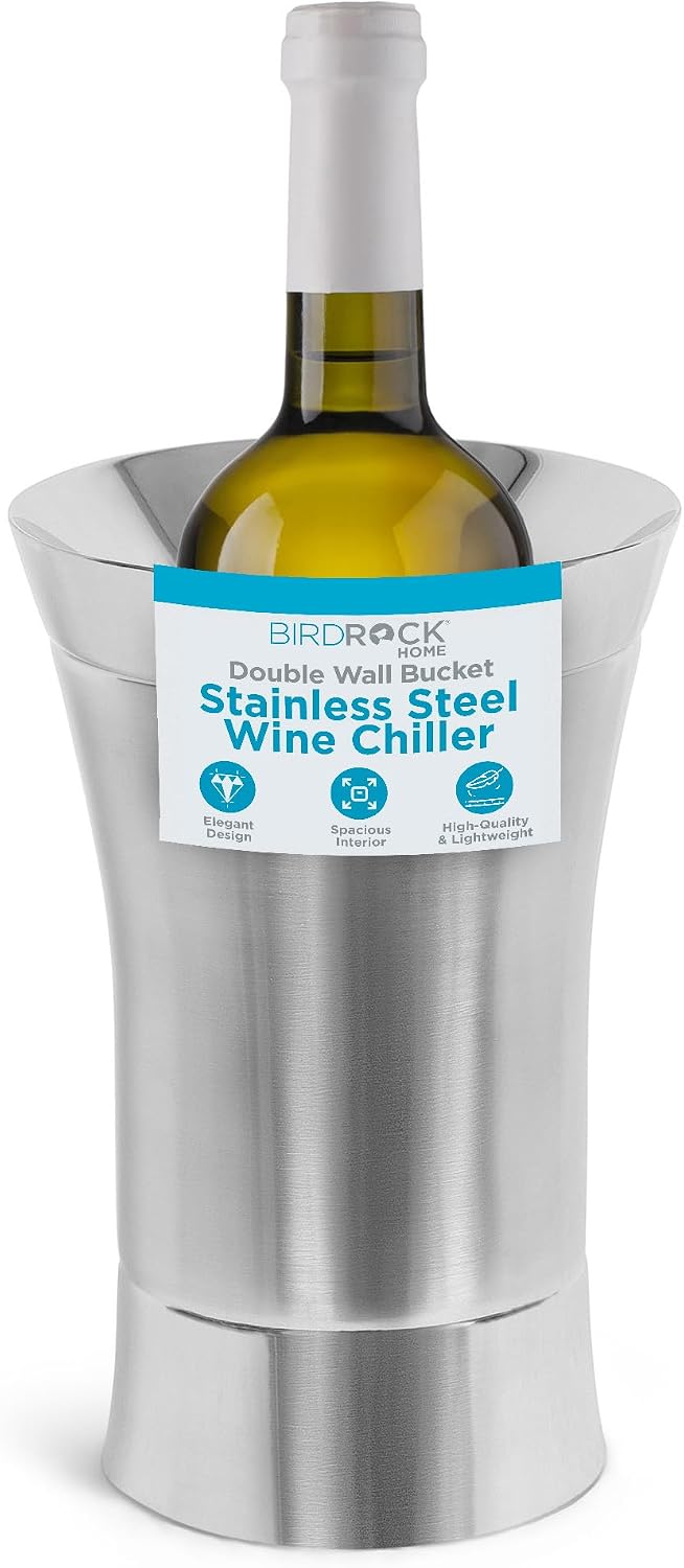 Stainless-Steel Wine Chiller - Elegant Double Wall Bucket - Single Insulated Bottle Holder - Wine or Champagne Cooler