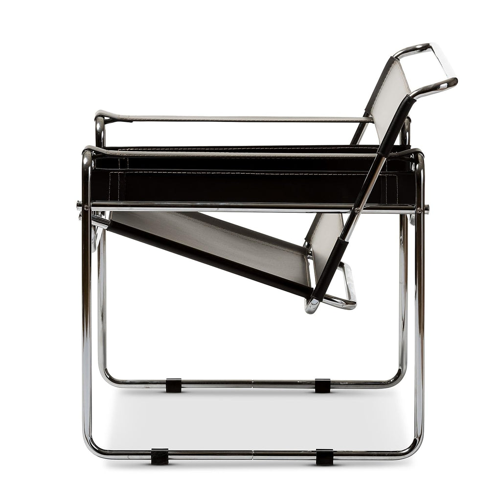 Inspired Wassily Style Mid Centry Modern Accent Chair, Steel Frame and Faux Leather, Wide Seating