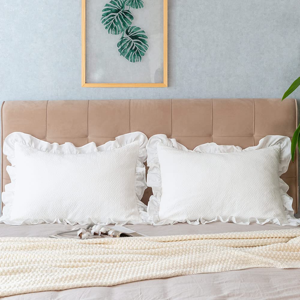 Pillow Shams Set of 2 Pure Cotton Champray Ruffled Edge, Thick and Solid Washed Dobby Heavy Fabric Standard 20x26
