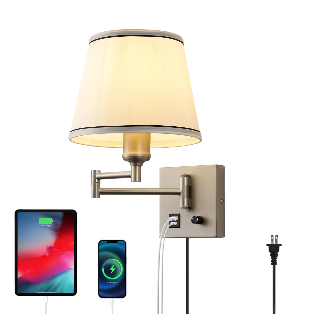 Plug-in Swing Arm Wall Sconce, Dimmable, Type-C & USB