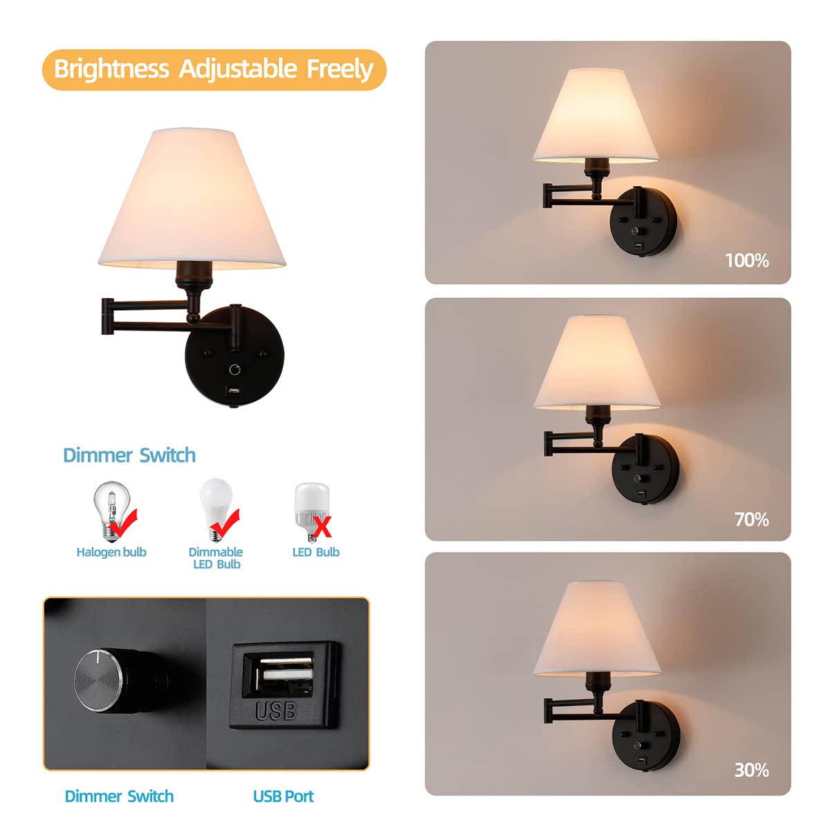 Swing Arm Wall Sconces, Plug-in Wall lamp,Bedroom Wall lamp, White Fabric Shade,with dimmable Switch and USB