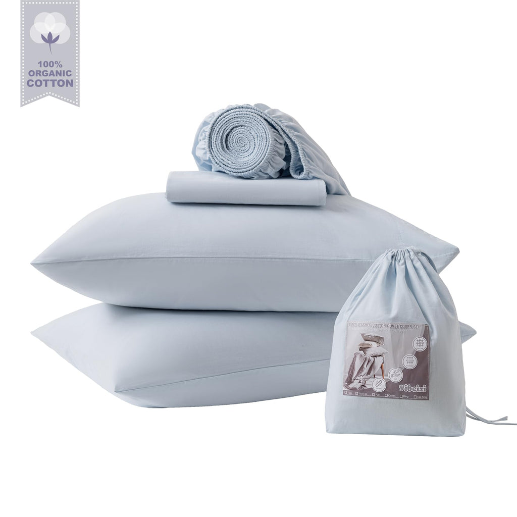 Light Blue 100% Washed Cotton Linen Feel Sheet Set