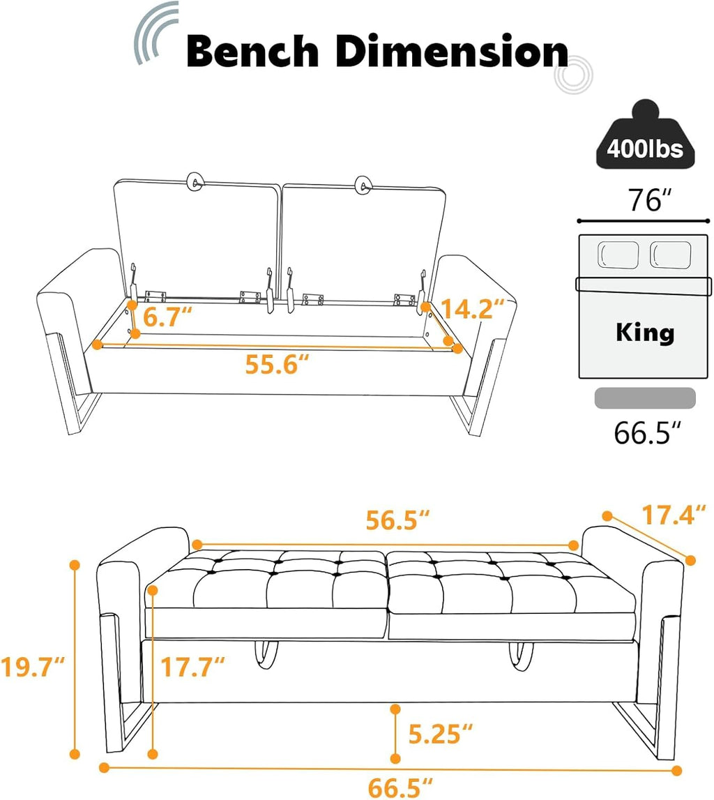 67" Storage Bench End of Bed King Size, Light Brown | Double Lids, Upholstered Faux Leather Storage Bench with Golden