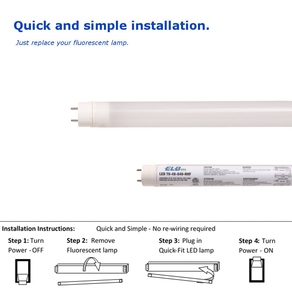 LED T8-48-840-RHF 20-Pack Plug and Play LED T8, 4', 13.5W, 4000K (Cool White), T8, T12 Ballast Compatible, Frosted