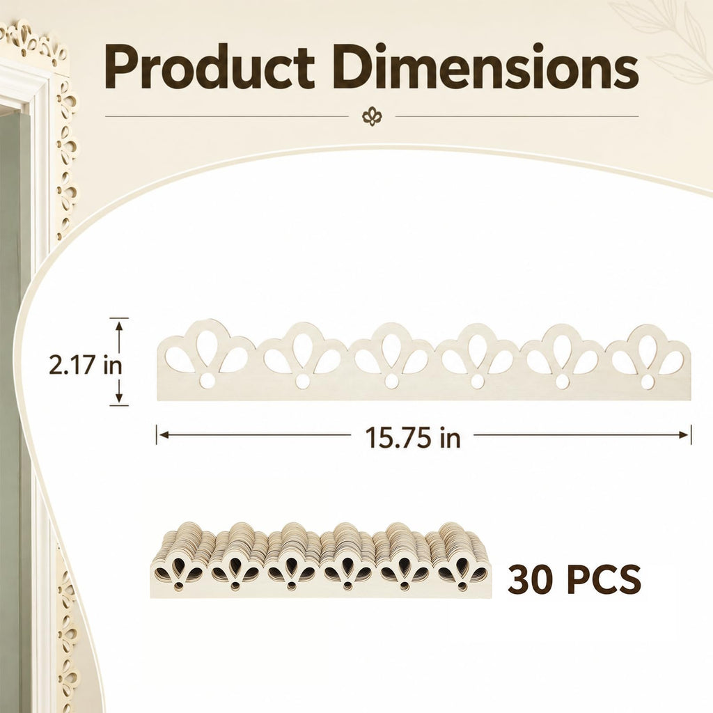30 Pcs Scalloped Wood Trim, Floral Cutout DIY Wooden Molding, Unfinished Wood Trim Molding with Decorative Scallop