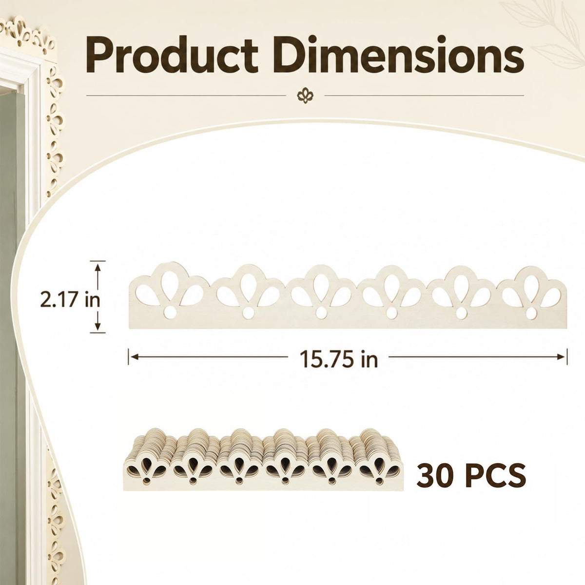 30 Pcs Scalloped Wood Trim, Floral Cutout DIY Wooden Molding, Unfinished Wood Trim Molding with Decorative Scallop