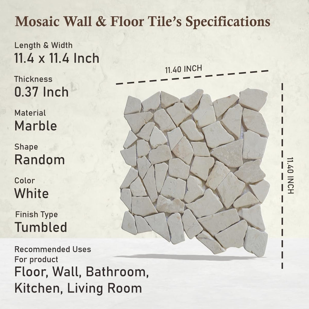 Alpen White Random Mosaic, Tumbled Stone Back Splash Tiles Walls, Shower and Bathroom Floors, and Outdoor Areas