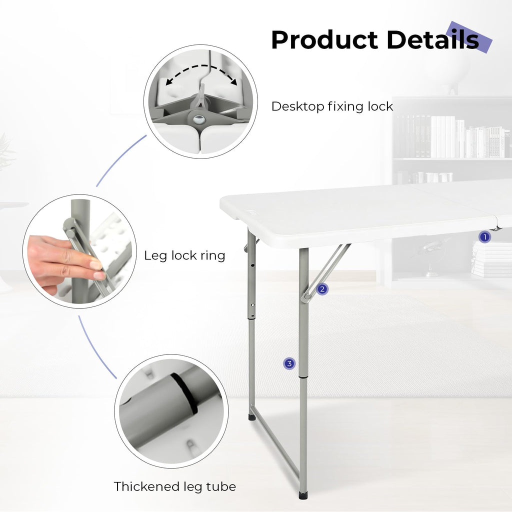 Folding Table 4 Foot, Portable Heavy Duty Plastic Utility Table, White