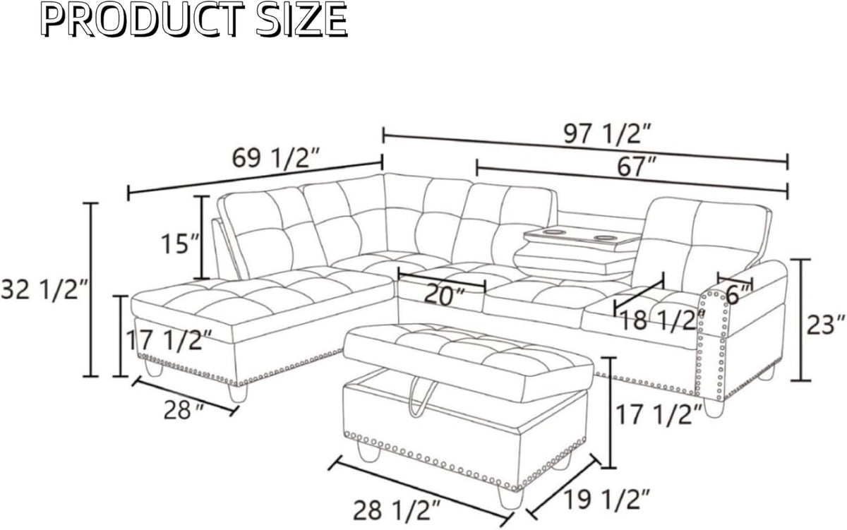 Leather 3-Piece L-Shaped Couches for Living Room, Sectional Sofa with Storage Ottoman & Movable Chaise