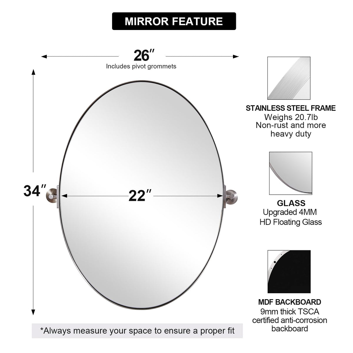 Brushed Nickel Bathroom Mirror, 22 x 34 Inch Oval Pivot Mirror for Wall, Unique Farmhouse Tilt Mirror in Slim Silver