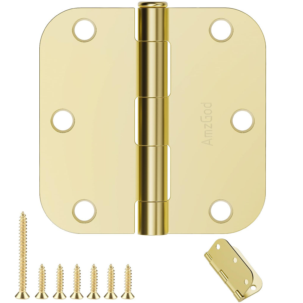 Door Hinges Polished Brass - 12 Pack Gold Door Hinges 3.5 Inch Rounded Interior Door Hinge with 5/8" Radius - 3 1/2