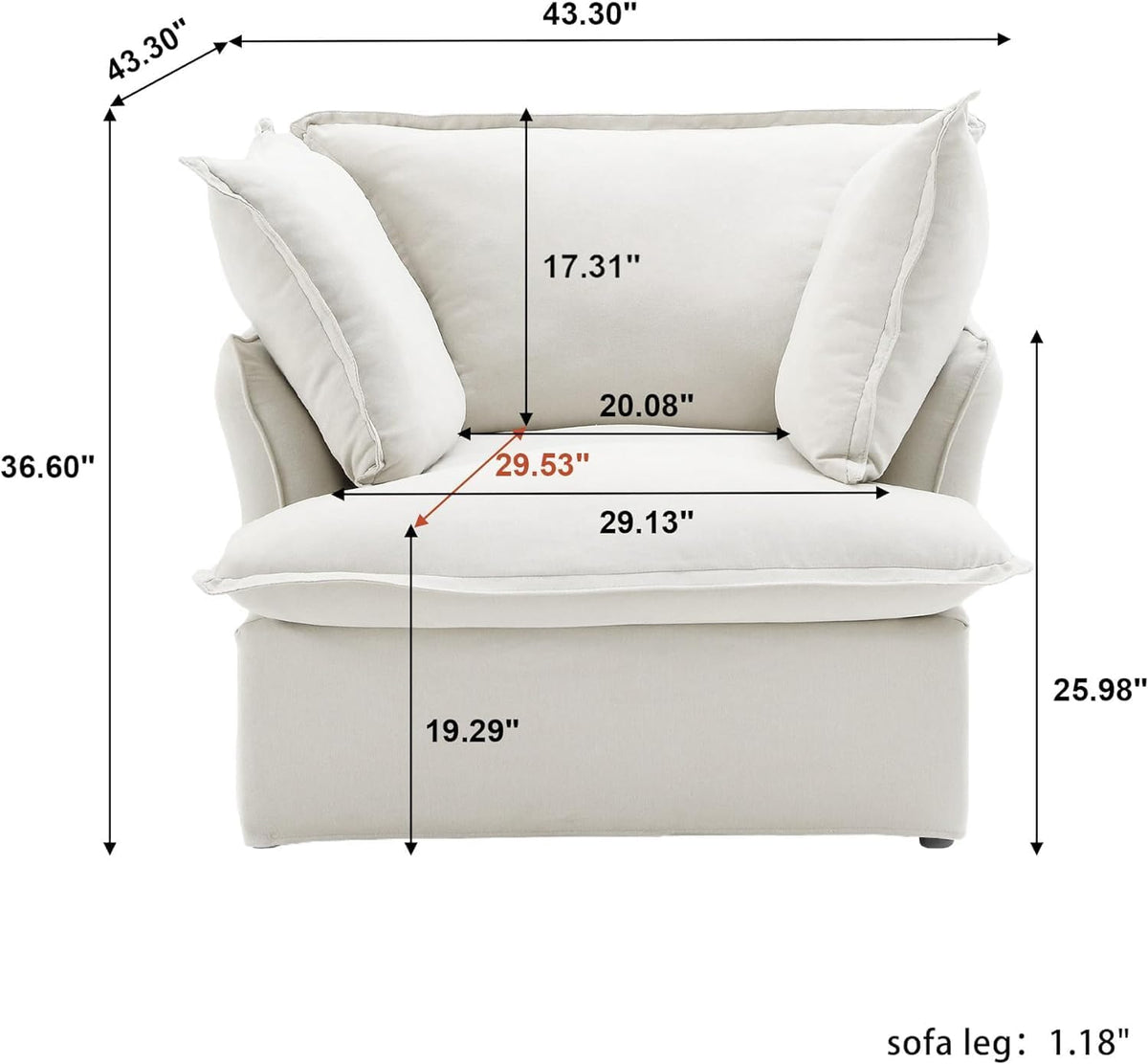 43" Modern Comfy Couch Chair with Thick Cushion, Couch Single Accent Chair Deep Seat Sofa Couches, Hemp Velvet Sofas Furniture for Small Spaces Living Room Bedroom Office Apartment (White)
