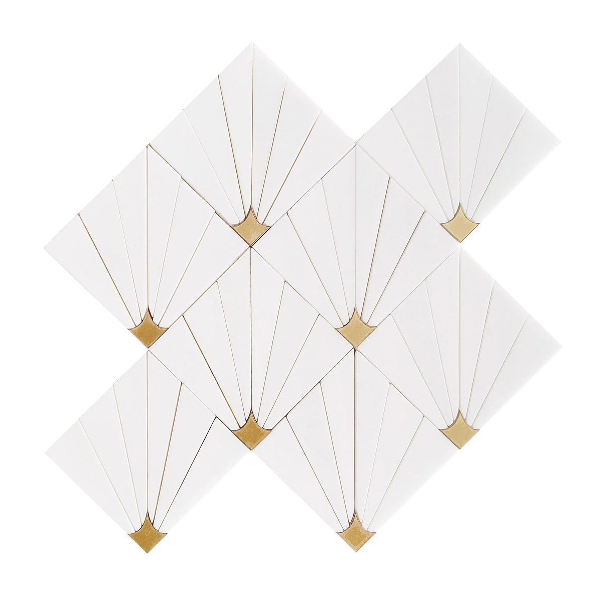 Marble Mosaic Tile Shower and Bathroom Walls, Thassos Marble with Brass Accent, Waterjet Backsplash Tile, 11" × 11"