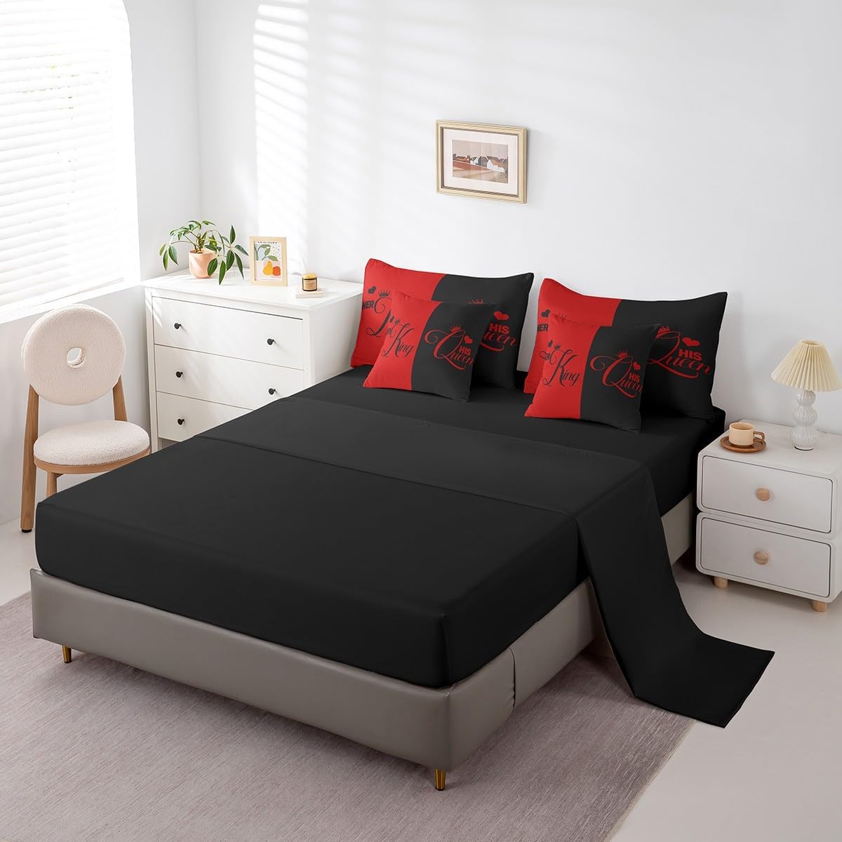 King and Queen Crown Bed in a Bag Comforter Set 7 Pieces, Her King and His Queen Bedding Set, Romantic Valentine's - Set of 7