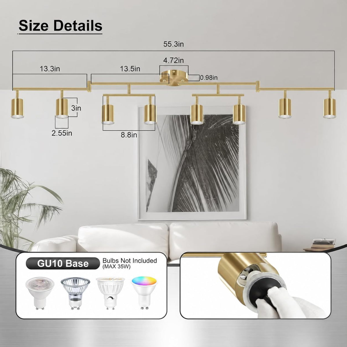 8 Light Track Lighting Fixtures Ceiling, Gold Kichen Track Lighting Fixtures, Rotatable Light Heads, Adjustable