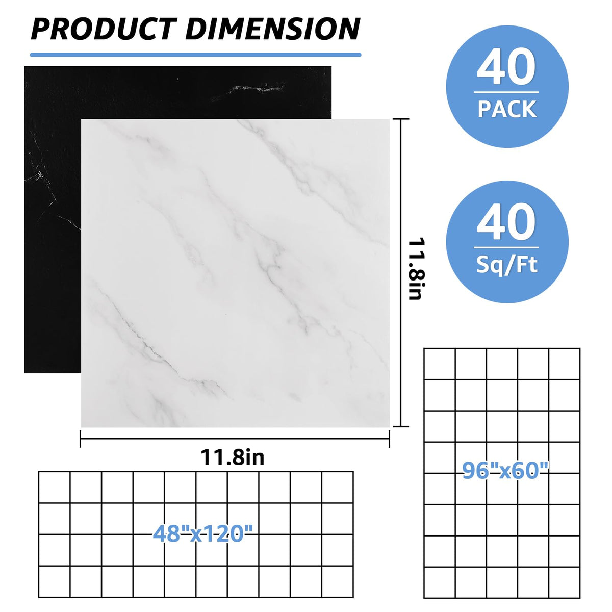 40 Sheet Vinyl Flooring 12x12 Peel and Stick Floor Tile Waterproof Black & White Marble Vinyl Floor Tiles Clearance