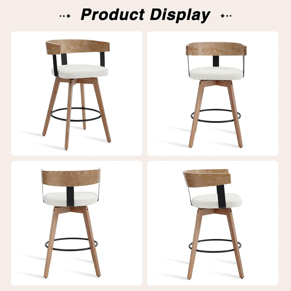 Swivel Bar Stools Set of 4-26" Counter Height Bar Stool with Footrest - Modern Wood Barstools with Linen Upholstered