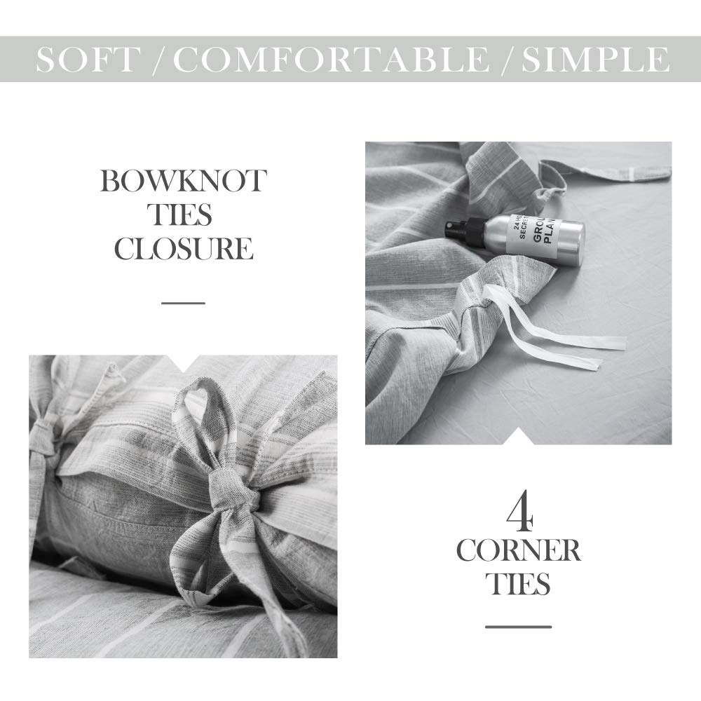 Striped Duvet Cover Set 3pcs 100% Washed Cotton Linen Like Textured with Bowknot Bow Ties Strap Reversible Breathable