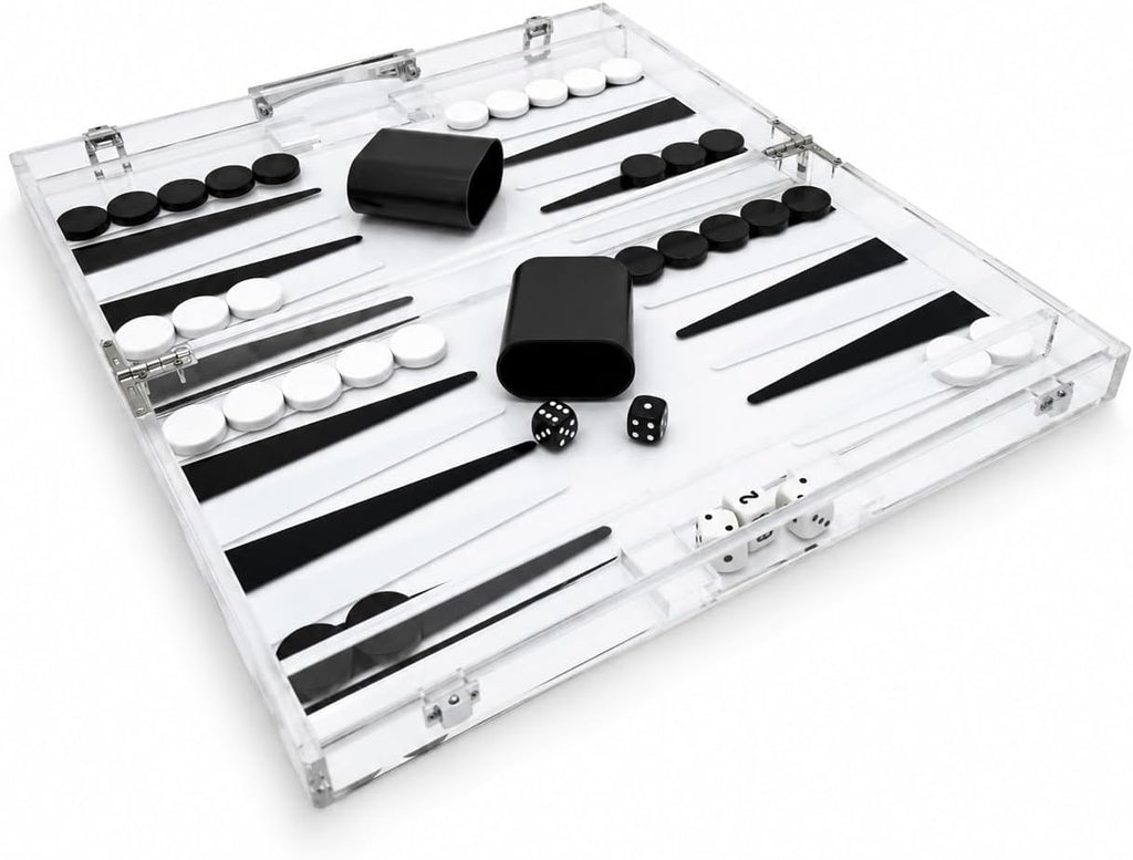 Modern Acrylic Backgammon Set - Clear Lucite Board Game - Premium Dice Cups & Accessories - Luxury Portable