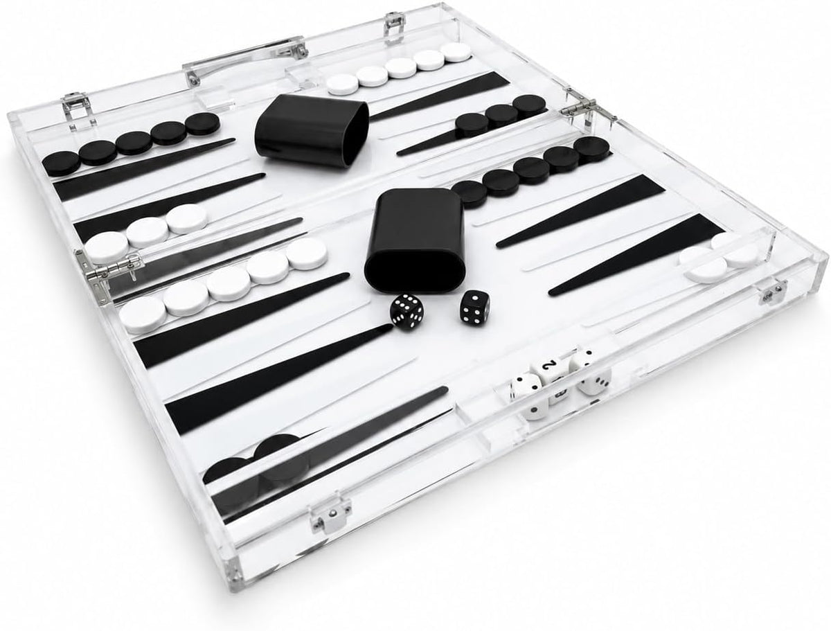 Modern Acrylic Backgammon Set - Clear Lucite Board Game - Premium Dice Cups & Accessories - Luxury Portable