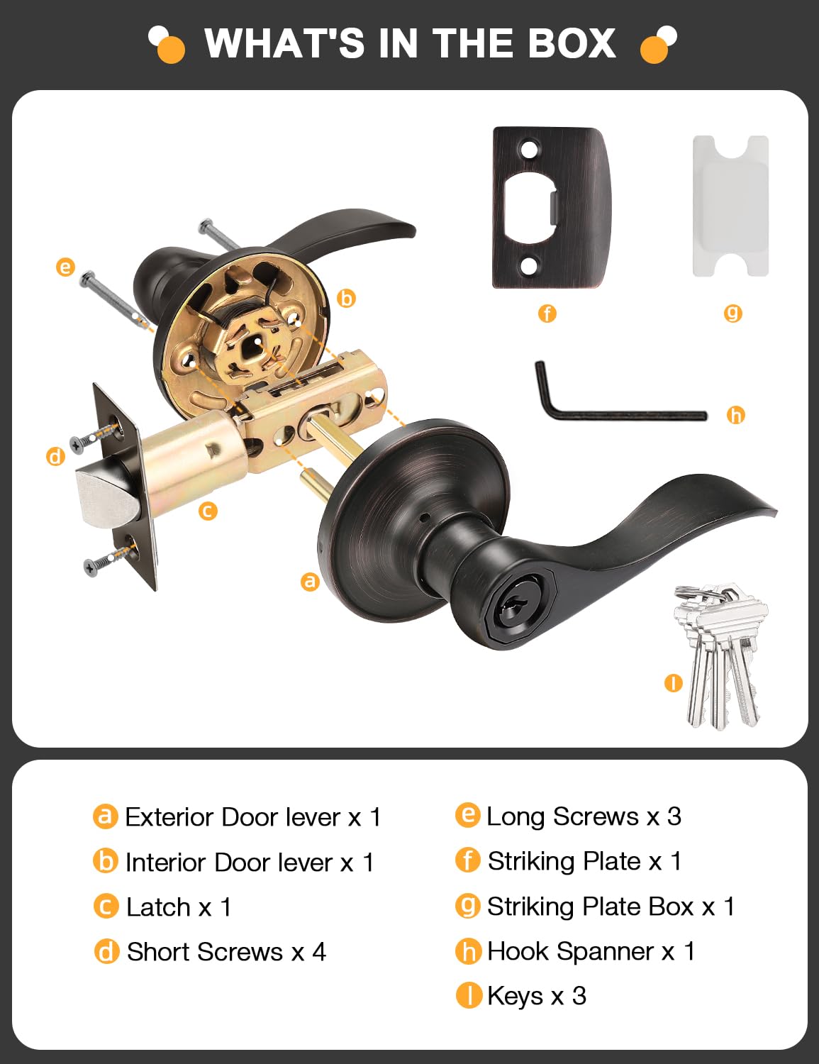 Oil Rubbed Bronze Keyes Entry Door Locks Wave Handle Lever, 1Pack