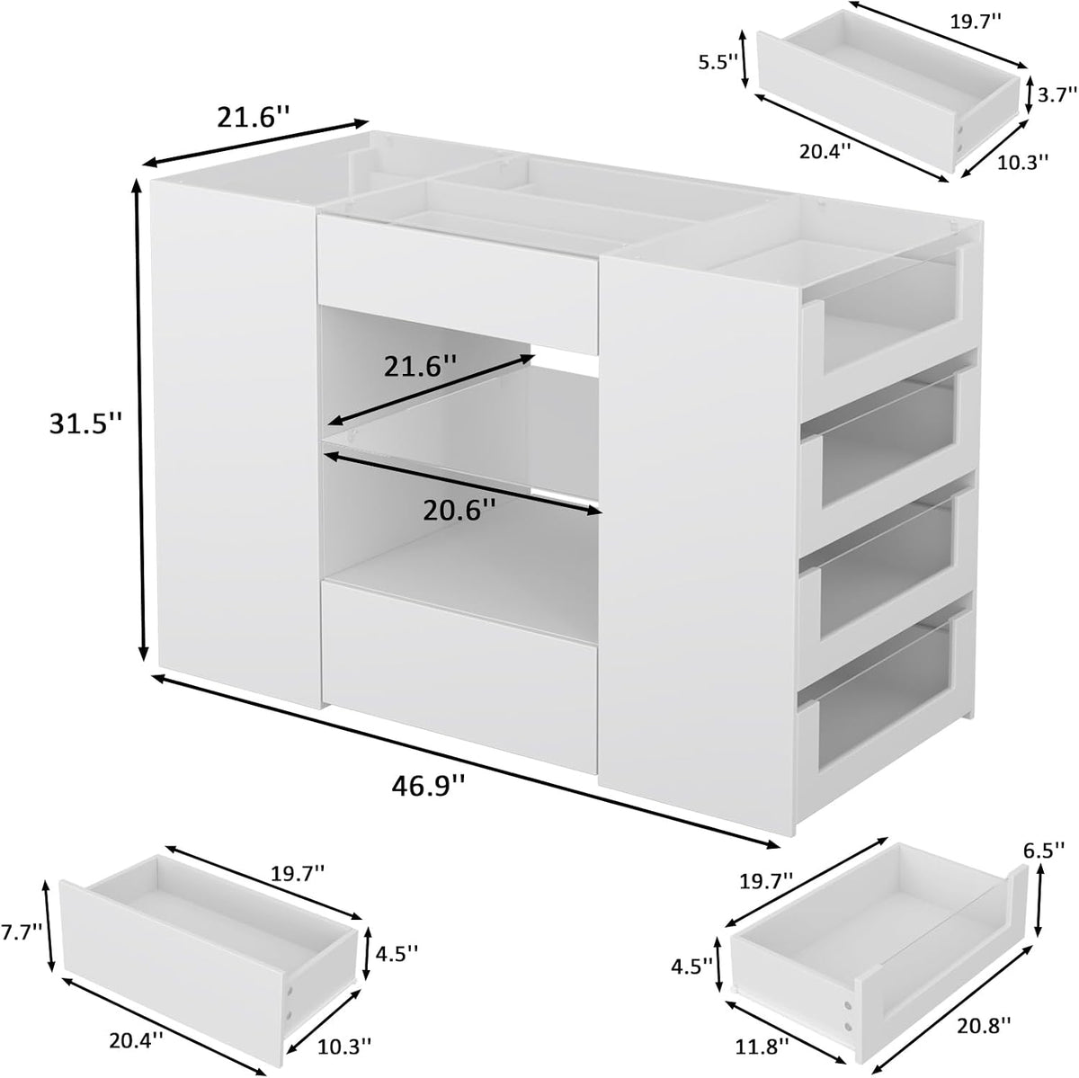 Closet Island with 12 Drawers, Glass Top & Display Shelves, White | Wardrobe Armoire Bedroom Island, White Dresser