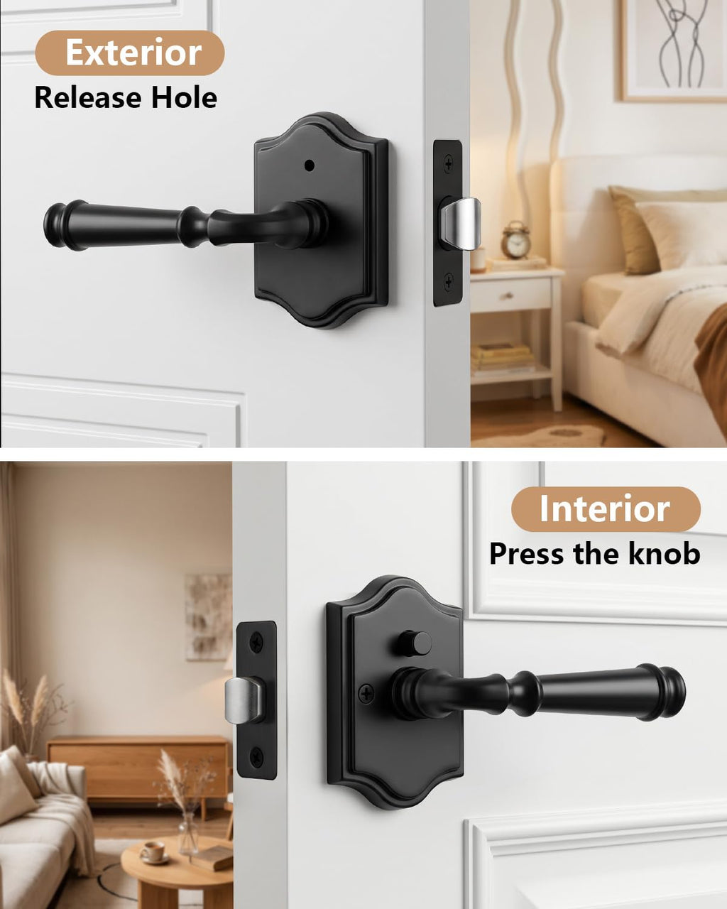 Interior Privacy Door Handle, Matte Black Arch Rosette Door Lever