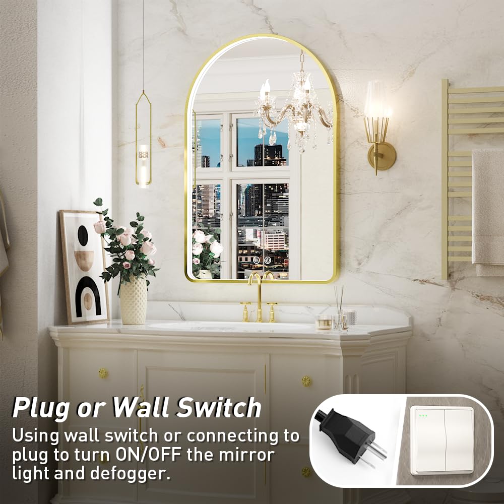 20x30 Inch Gold Framed Arched LED Mirror,3 Color