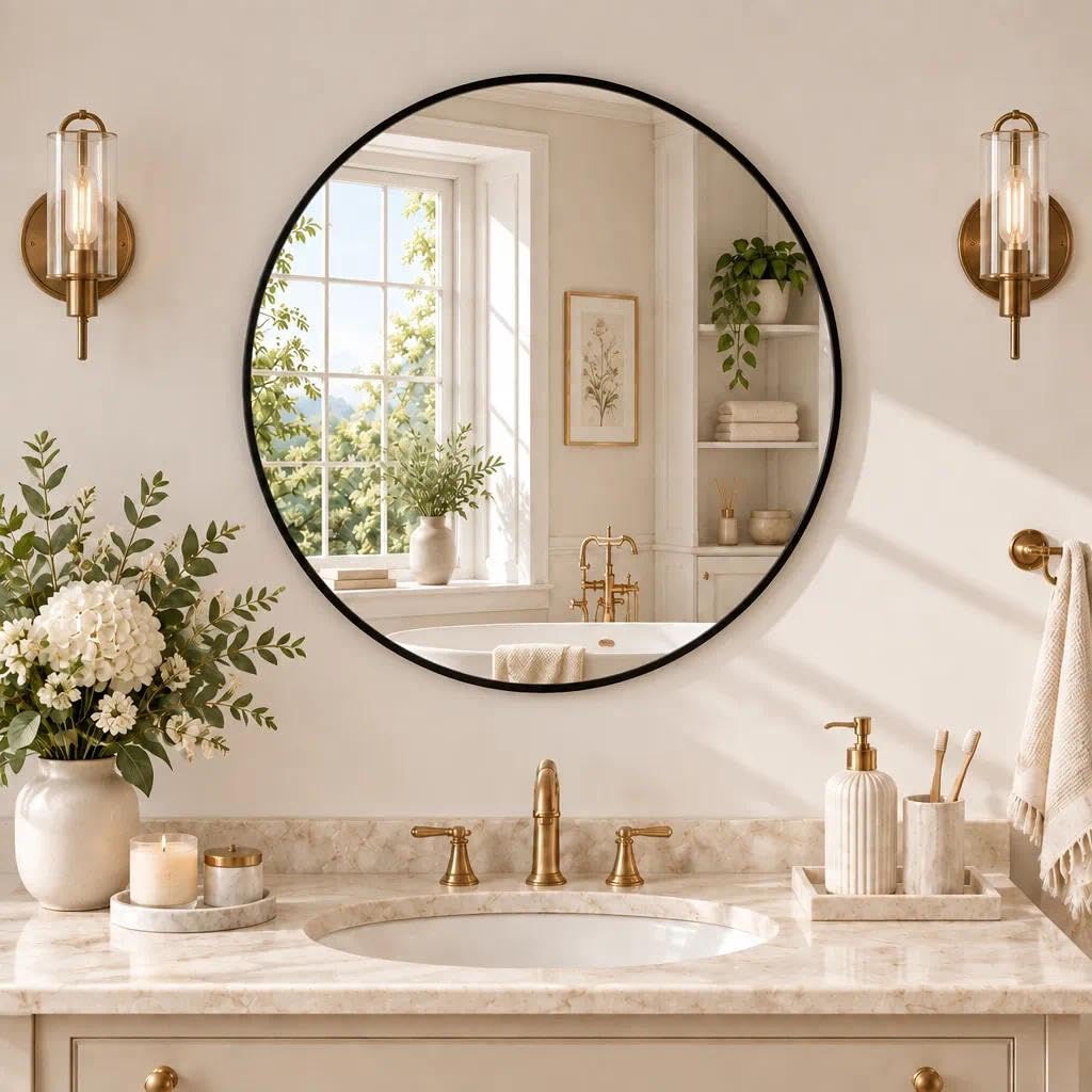 20 Inch Round Mirror, Metal Frame Circle Mirror, Black