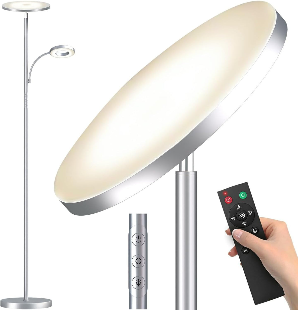 Silver Modern LED Floor Lamp, 18W 1800 Lumens with Touch Control