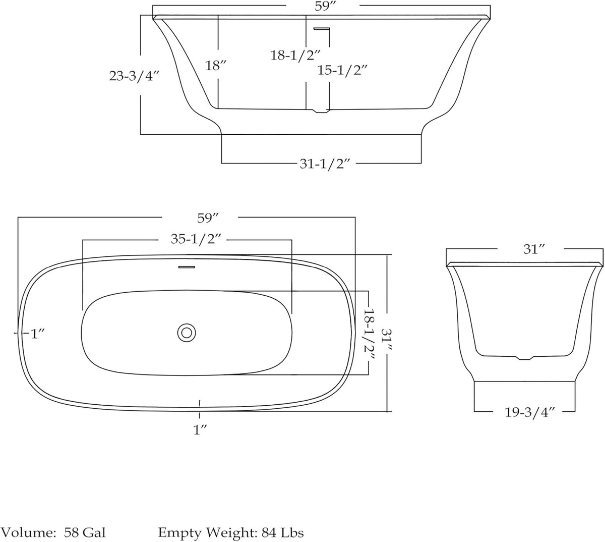 Elegance 59 in. L x 31 in. W x 23-5/8 in. H Freestanding Acrylic Bathtub, Brushed Nickel Drain