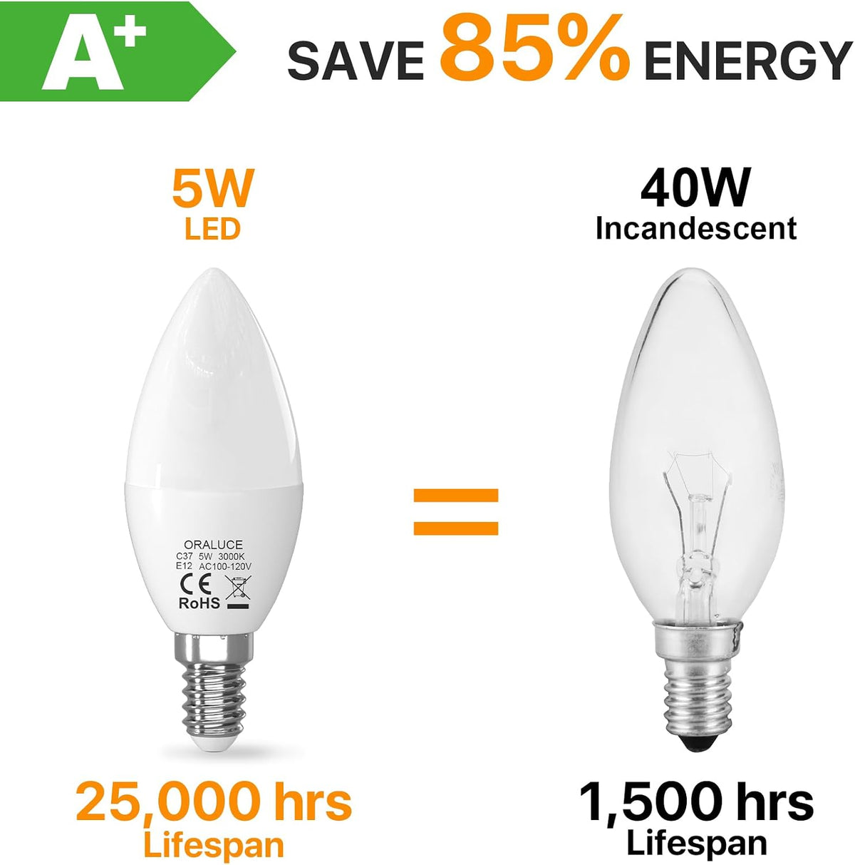 E12 Candelabra LED Bulb 40 Watt, 3000K Warm White B11, 6 Pack