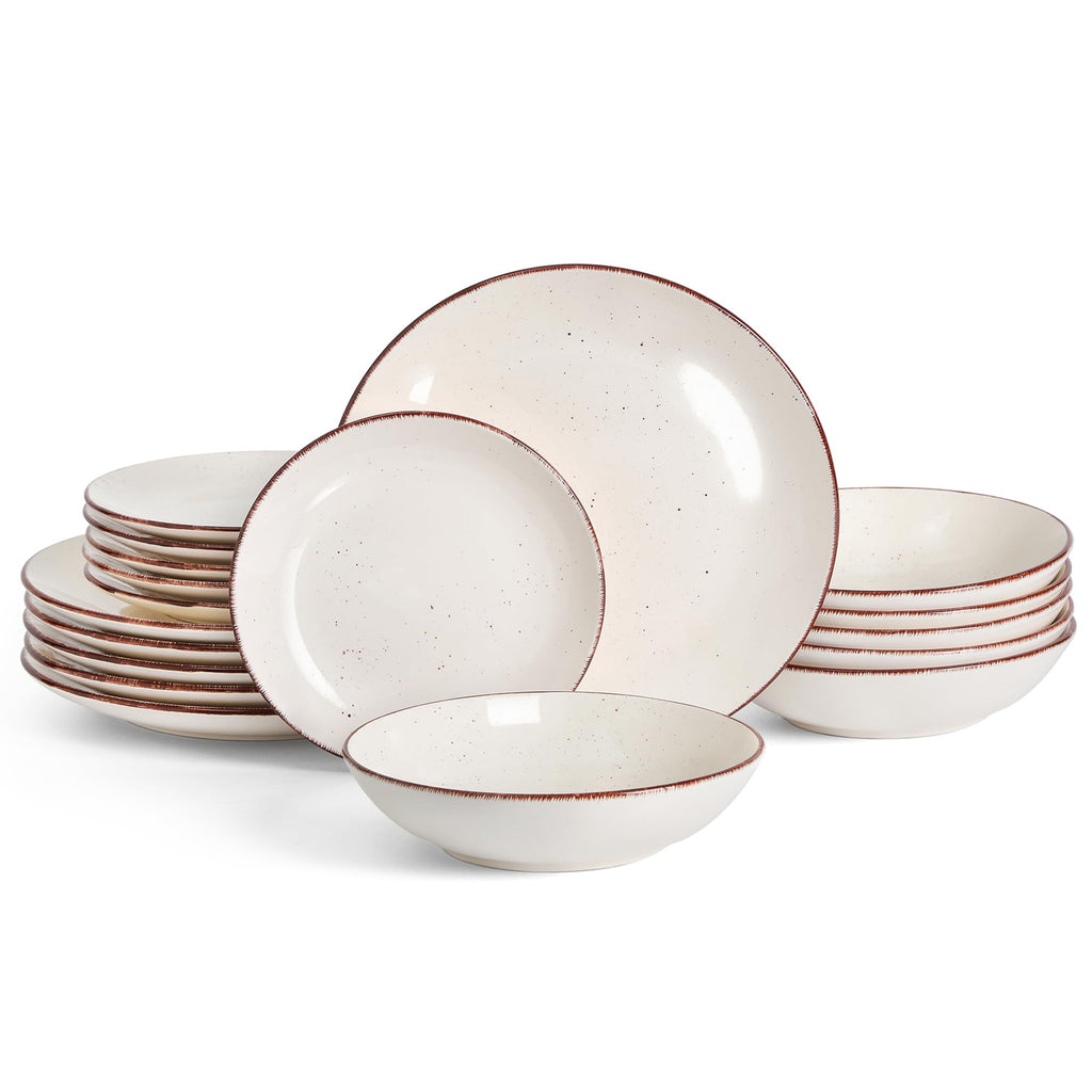 Stoneware Dinnerware Sets, 18 Piece Glossy Plates and Bowls Sets, Scratch Resistant Dishes, Microwave & Dishwasher