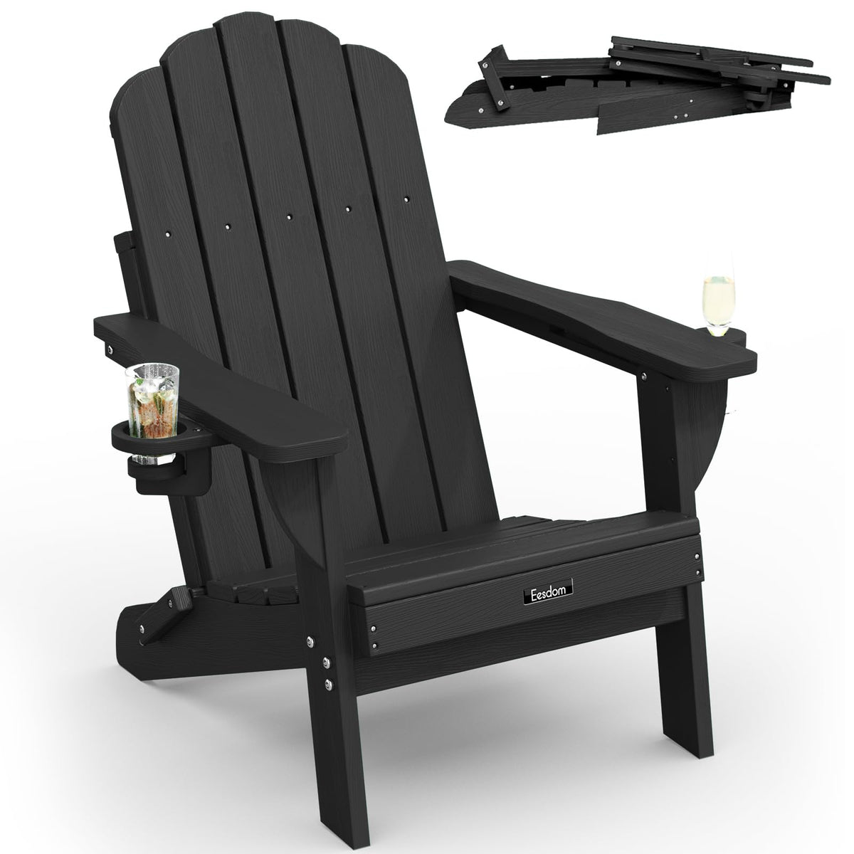 Folding Adirondack Chair, All-Weather HDPE Plastic Patio Chair with 2 Cup Holders, Wooden Textured Lawn Chair