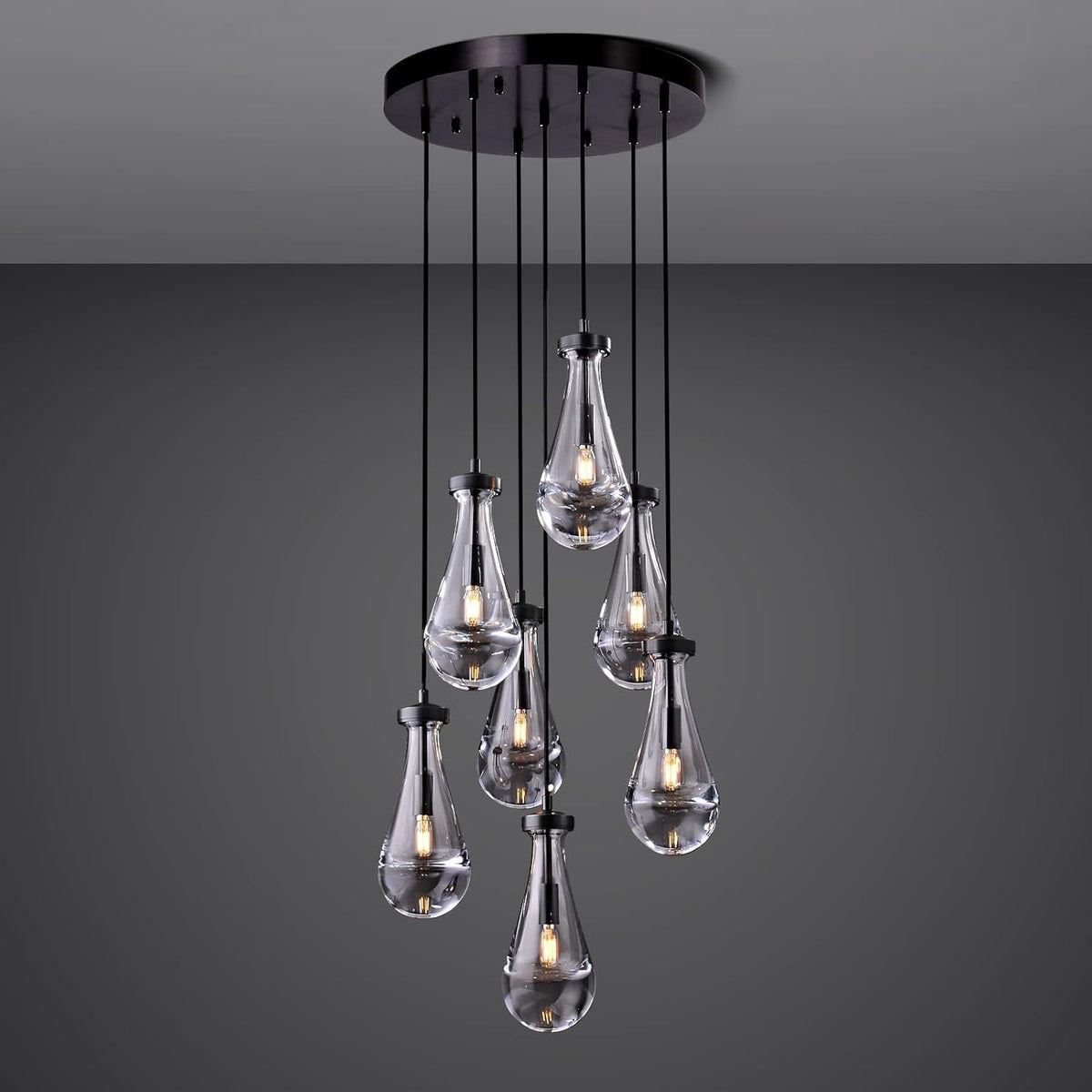 Raindrop Pendant Lights Kitchen Island Teardrop Black Hanging Light Fixtures Clear Solid Glass Pendant Light Modern Chandeliers for Dining Room Porch Corridor Living Room (7-Light)