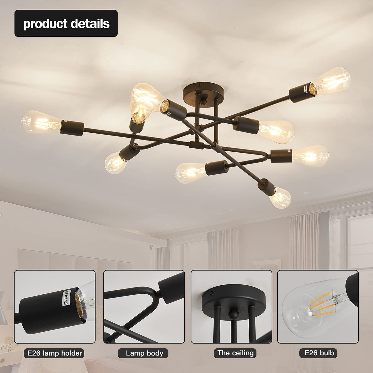 Black Semi Flush Mount Ceiling Light Fixture, 9 Light Modern Metal Chandelier, Ceiling Light Farmhouse Island Dining