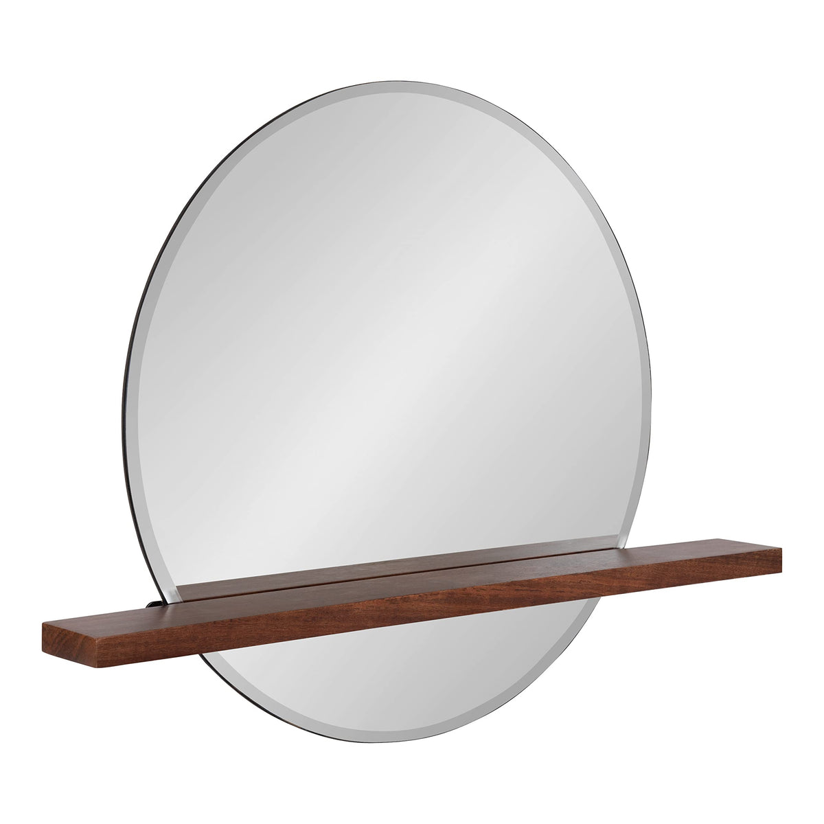 Fossett Frameless Round Wall Mirror, 24 Inch Diameter, Walnut Brown, Decorative Functional Mirror with Shelf