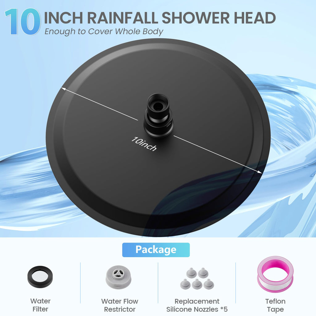 10 Inch Matte Black Round Rain Shower Head, All Metal Stainless Steel Rainfall Shower Heads with 100 Anti-Clog