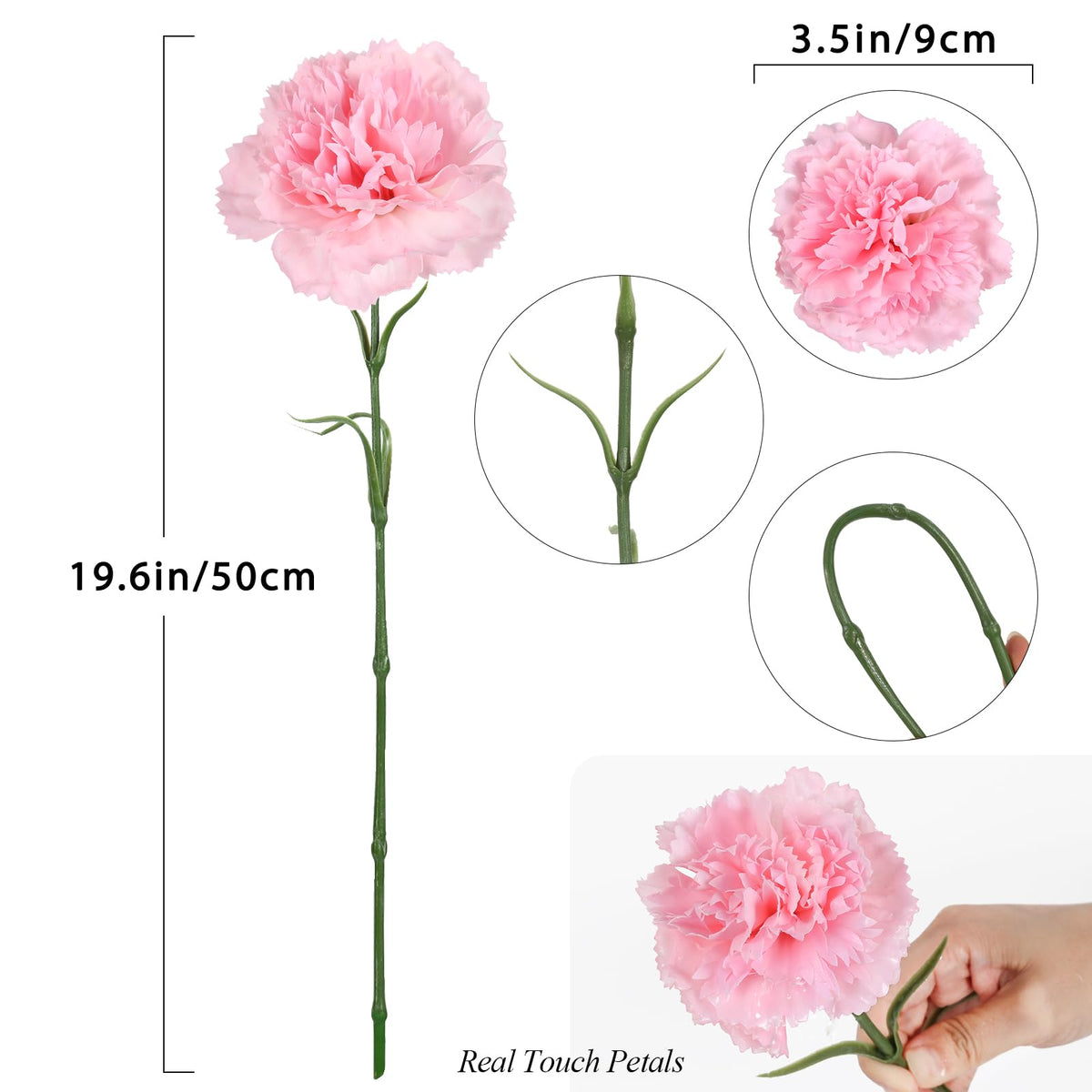 Pink Carnations Artificial 8pcs Real Touch Carnation Silk with Stems for Wedding Bouquets for Bridal Home Table
