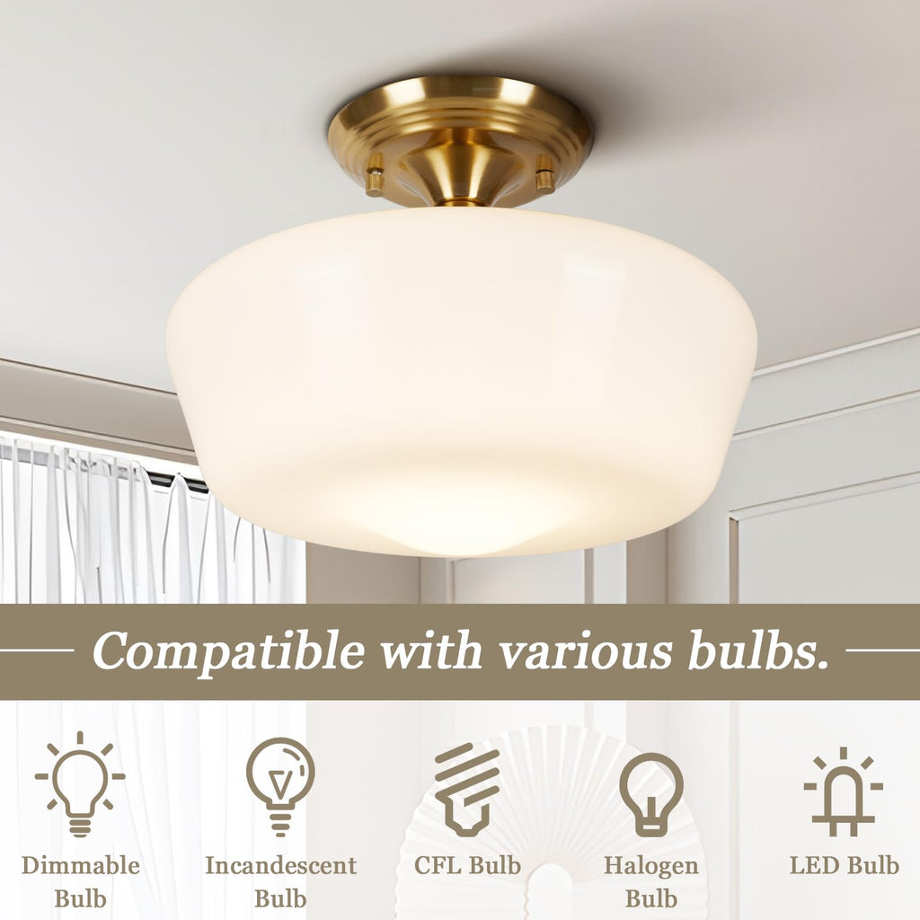Schoolhouse Style Semi Flush Mount Ceiling Light Fixture, 12" Modern Gold Hallway Ceiling Lamp with Opal Milk Glass