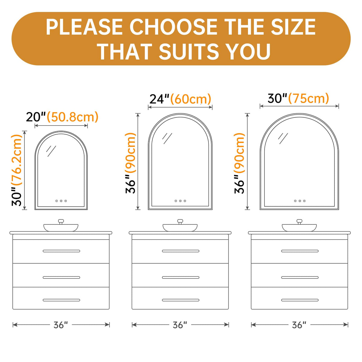 24"x36" Arched LED Lighted Bathroom Mirror with Lights