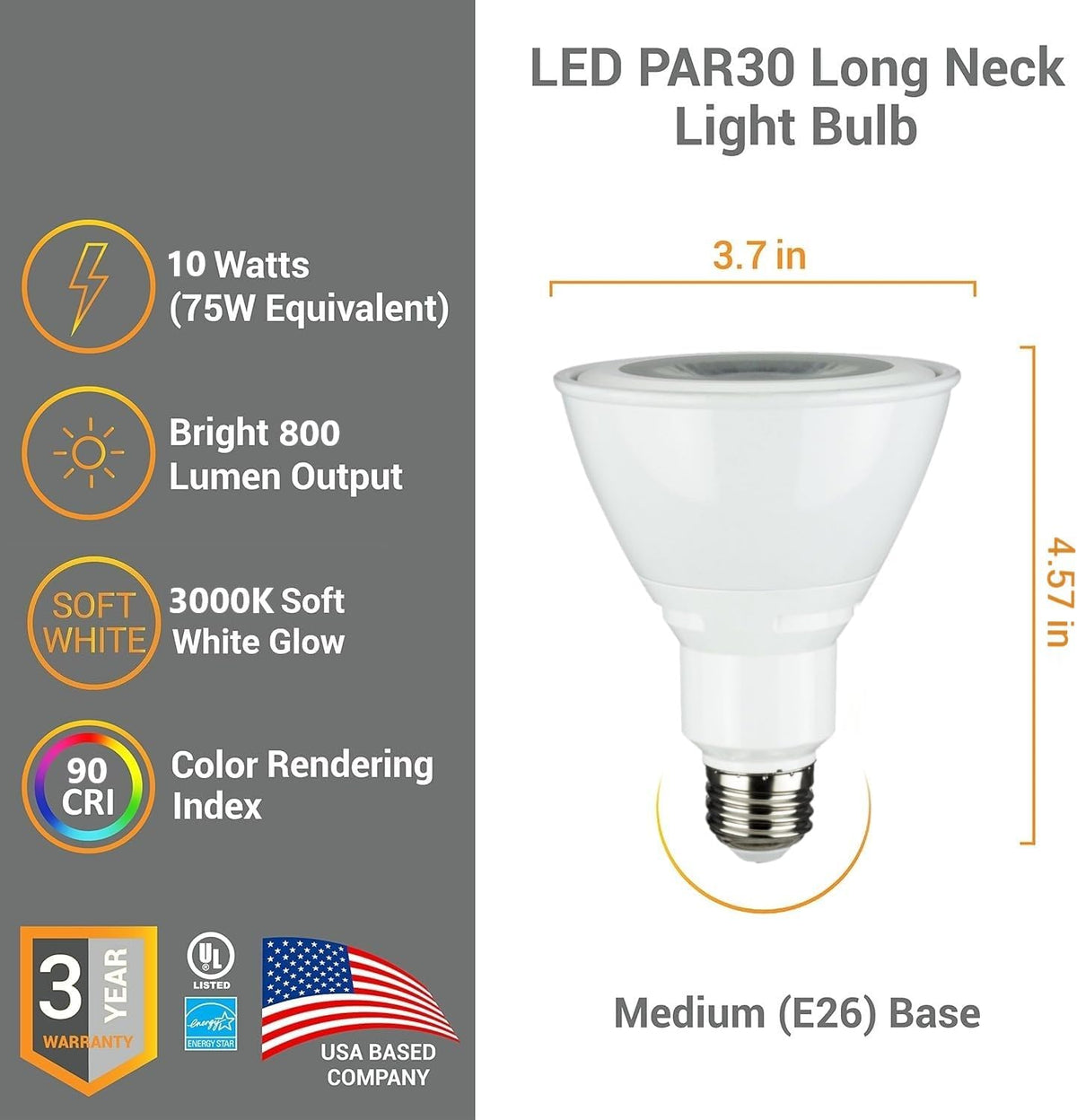 PAR30 LED Bulb Long Neck Flood Light Dimmable 10W (75W Equivalent) 800 Lumen E26 Standard Medium Base 3000K Soft