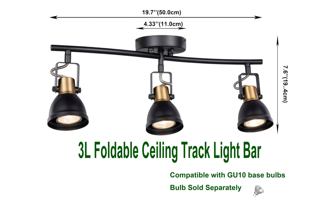 3 Light Foldable Track Lighting Kit, Matte Black Brass Finish Pivot Shades Rotatable Arm with GU10 Socket Modern
