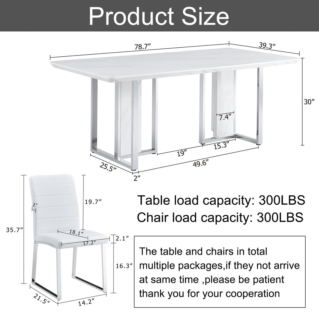 79 Inch Modern Dining Table Set for 8, White Luxury Kitchen Set with 1.8-inch Faux Marble Table Top & 8 PU Leather
