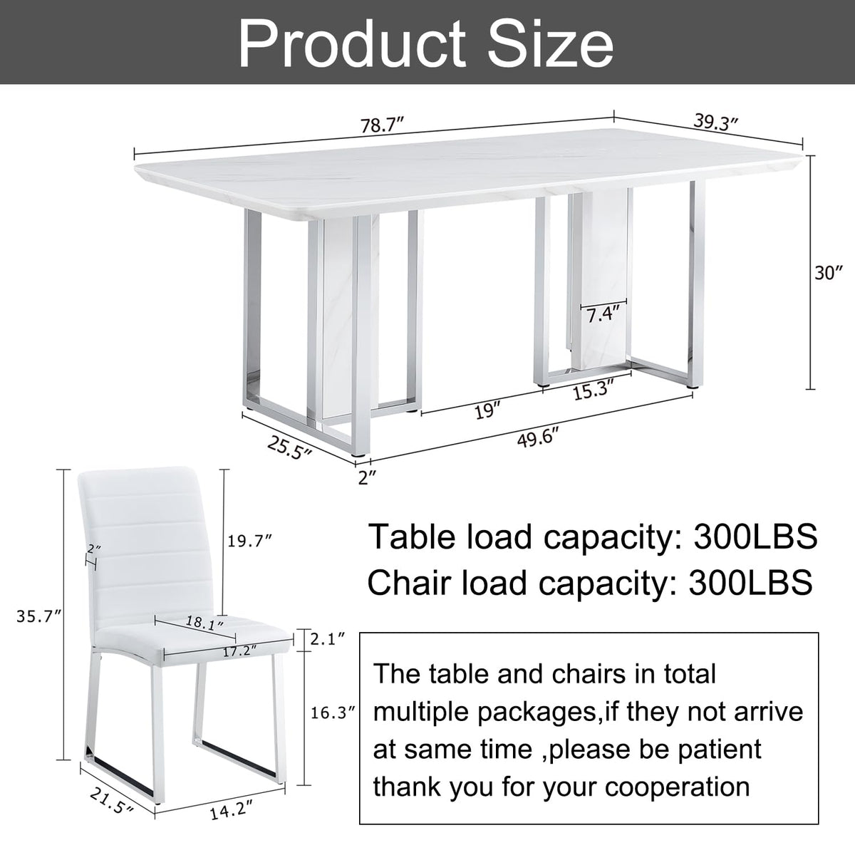 79 Inch Modern Dining Table Set for 8, White Luxury Kitchen Set with 1.8-inch Faux Marble Table Top & 8 PU Leather