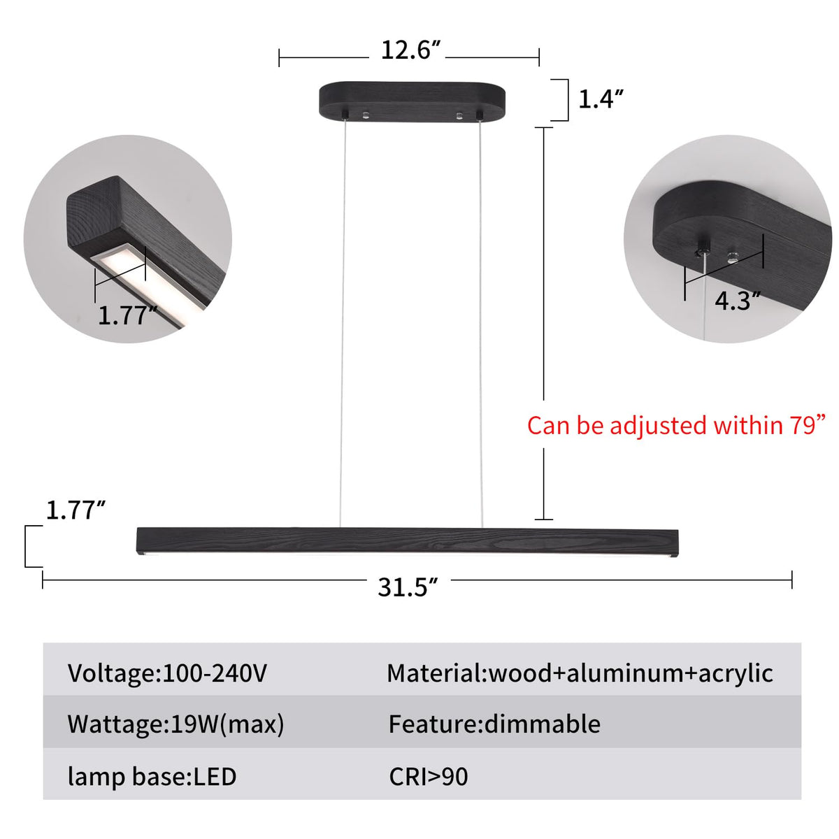 Black Wood Linear Pendant Light - Dimmable LED Chandelier with Remote, Modern Minimalist Lighting Islands, Dining