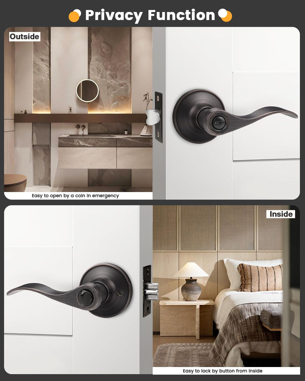 6 Pack Oil Rubbed Bronze Privacy Door Levers Bedroom, Keyless Door Locksets Knobs, Interior Door Handles with Lock