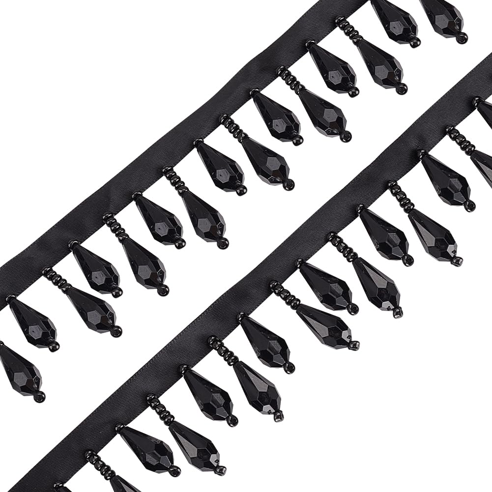 Black Beaded Fringe Trim Decorative Beaded Trim Teardrop Fringe Trims Polyester Bead Tassel Trims for Wedding - 3 Yards