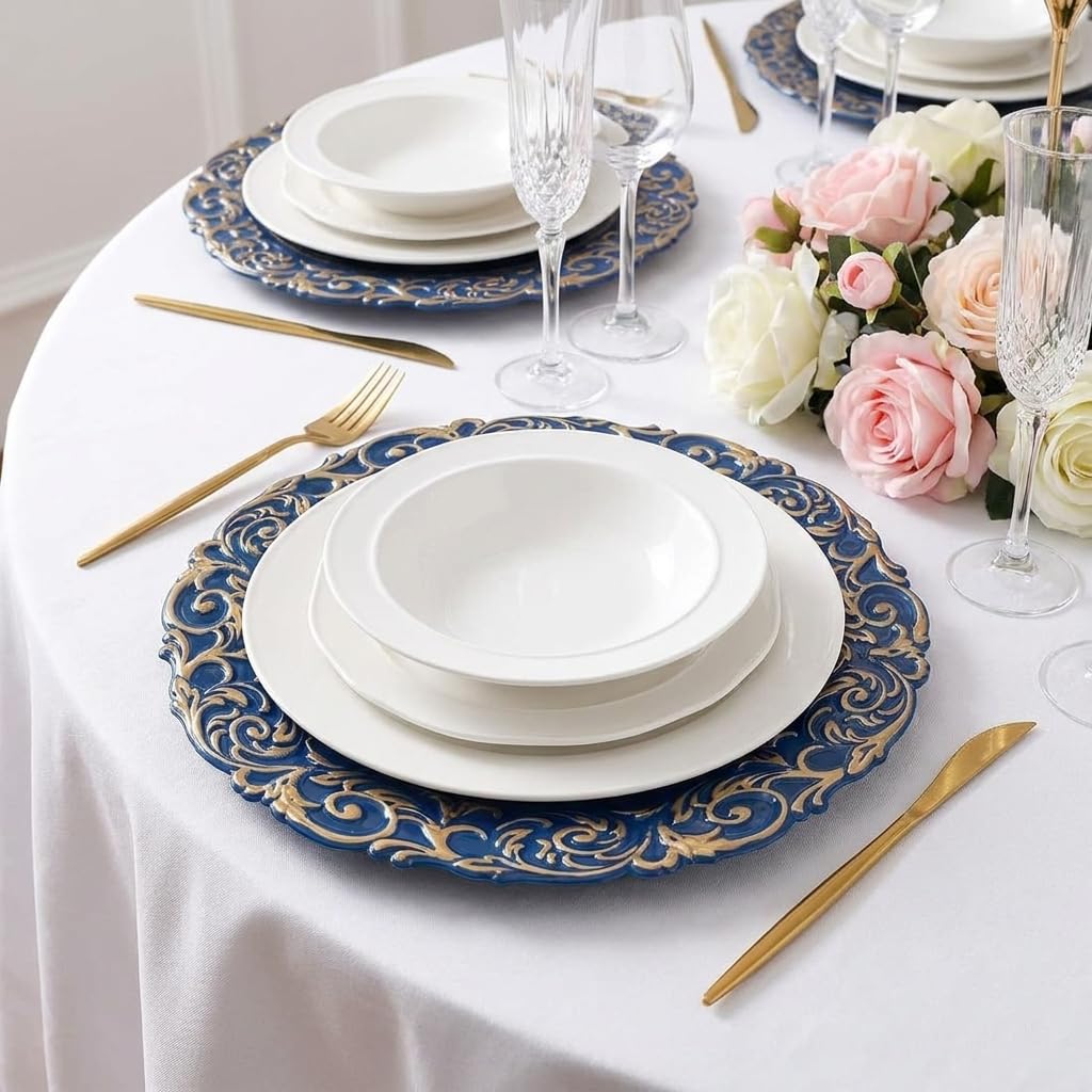 Antique Charger Plates with Gold Rim, 13 Inch Royal Blue Dinner Plate Chargers Round Server Ware, Set of 6 Plastic
